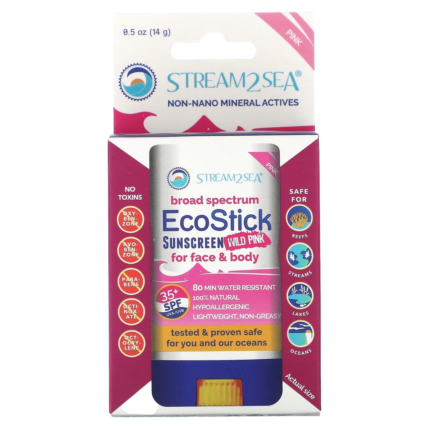 Stream2Sea, EcoStick Sunscreen Wild Pink, SPF 35+, 0.5 oz (14 g)