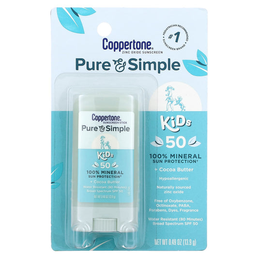 Coppertone-Pure & Simple-Kids-Sunscreen Stick-SPF 50-Cocoa Butter-0.49 oz (13.9 g)