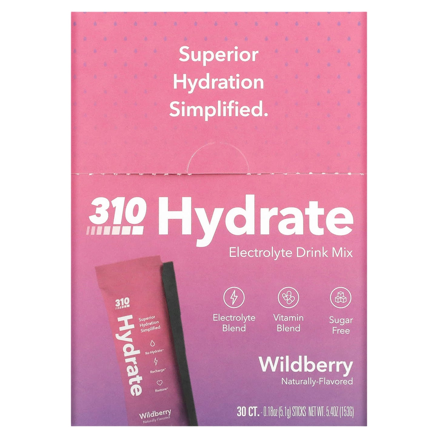 310 Nutrition-Hydrate-Electrolyte Drink Mix-Wildberry-30 Sticks-0.18 oz (5.1 g) Each