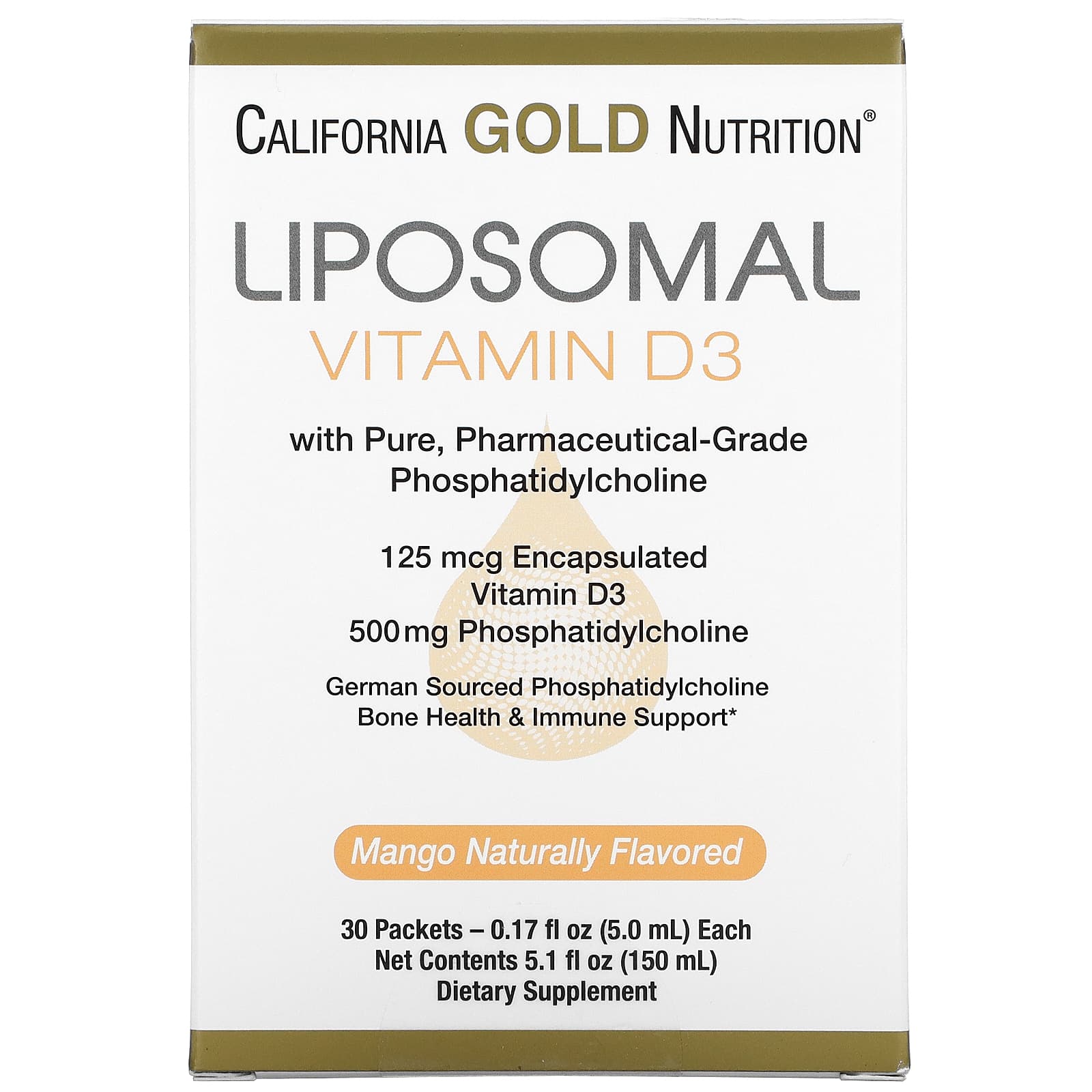 California Gold Nutrition-Liposomal Vitamin D3-125 mcg (5,000 IU)-30 Packets (5.0 ml)