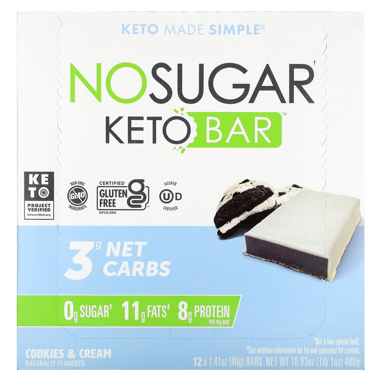 No Sugar Company-Keto Bar-Cookies & Cream-12 Bars-1.41 oz (40 g) Each