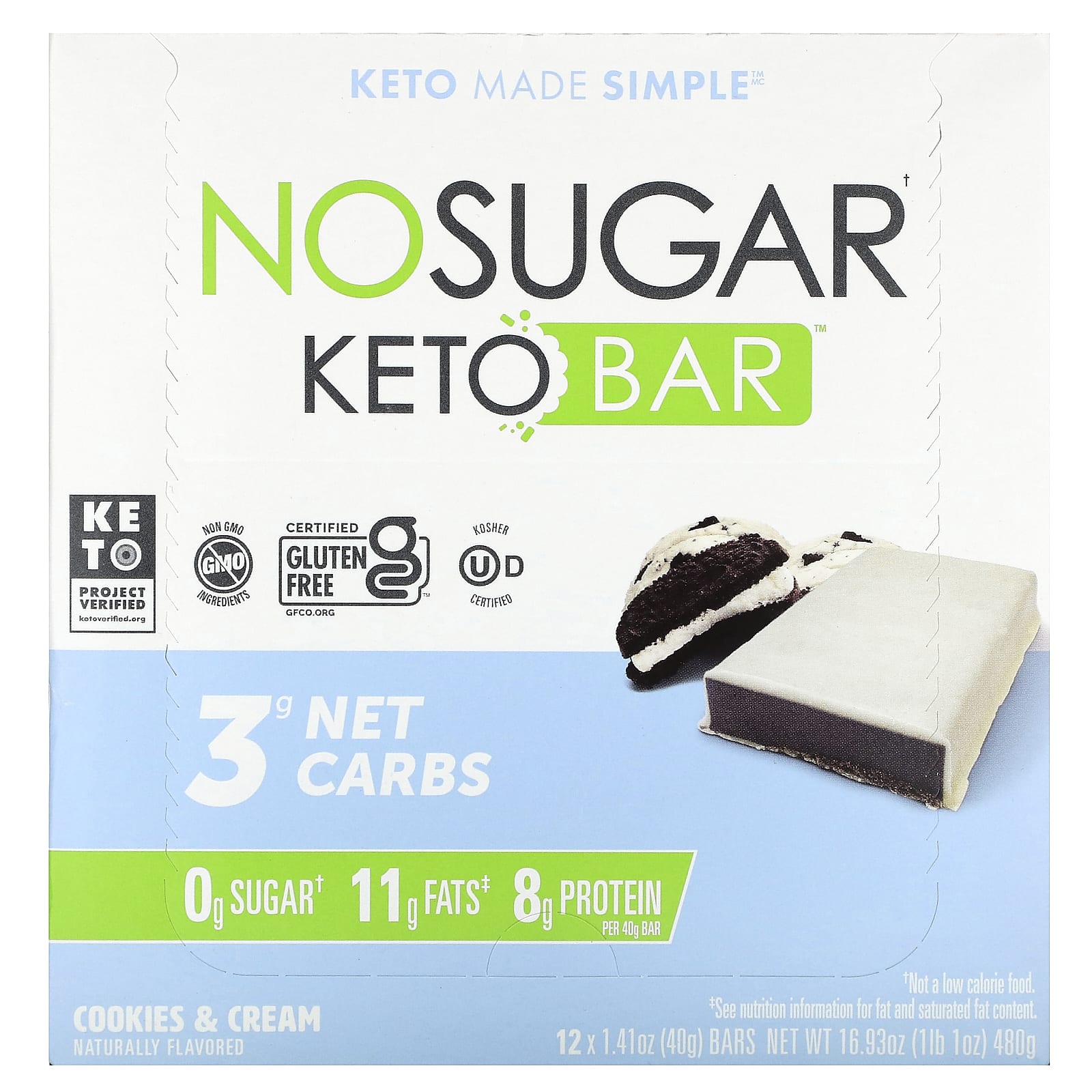 No Sugar Company-Keto Bar-Cookies & Cream-12 Bars-1.41 oz (40 g) Each