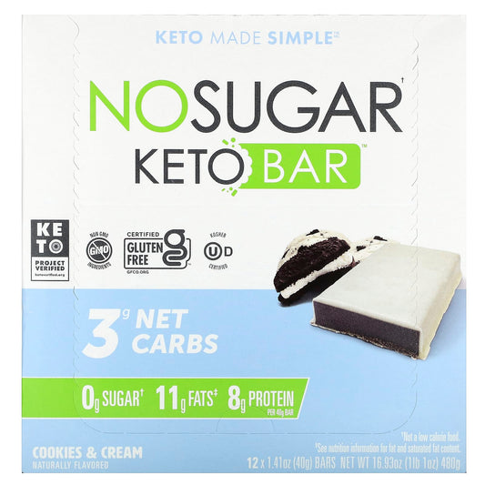 No Sugar Company-Keto Bar-Cookies & Cream-12 Bars-1.41 oz (40 g) Each