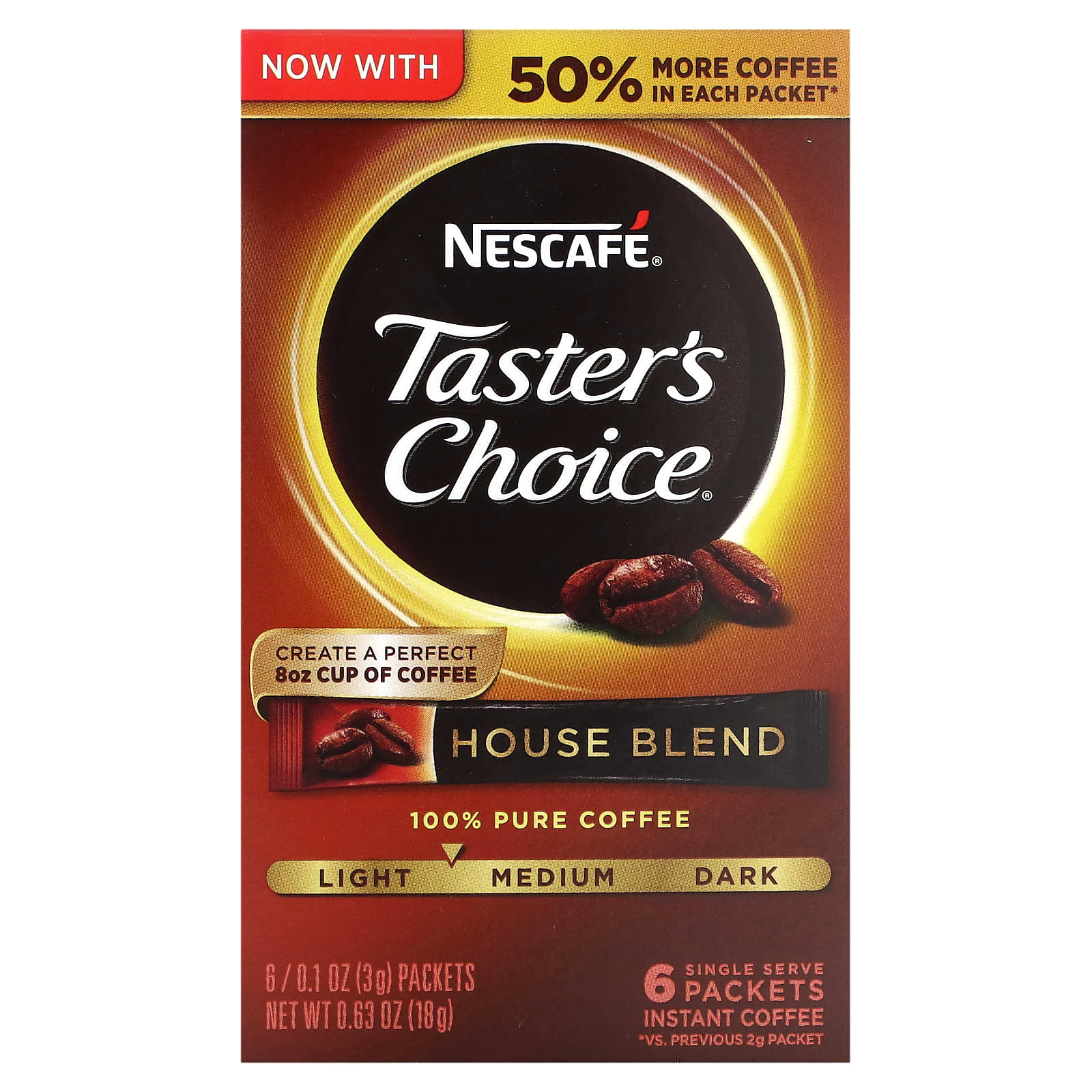 Nescafé-Taster's Choice-Instant Coffee-House Blend-Light/Medium-6 Packets-0.1 oz (3 g) Each