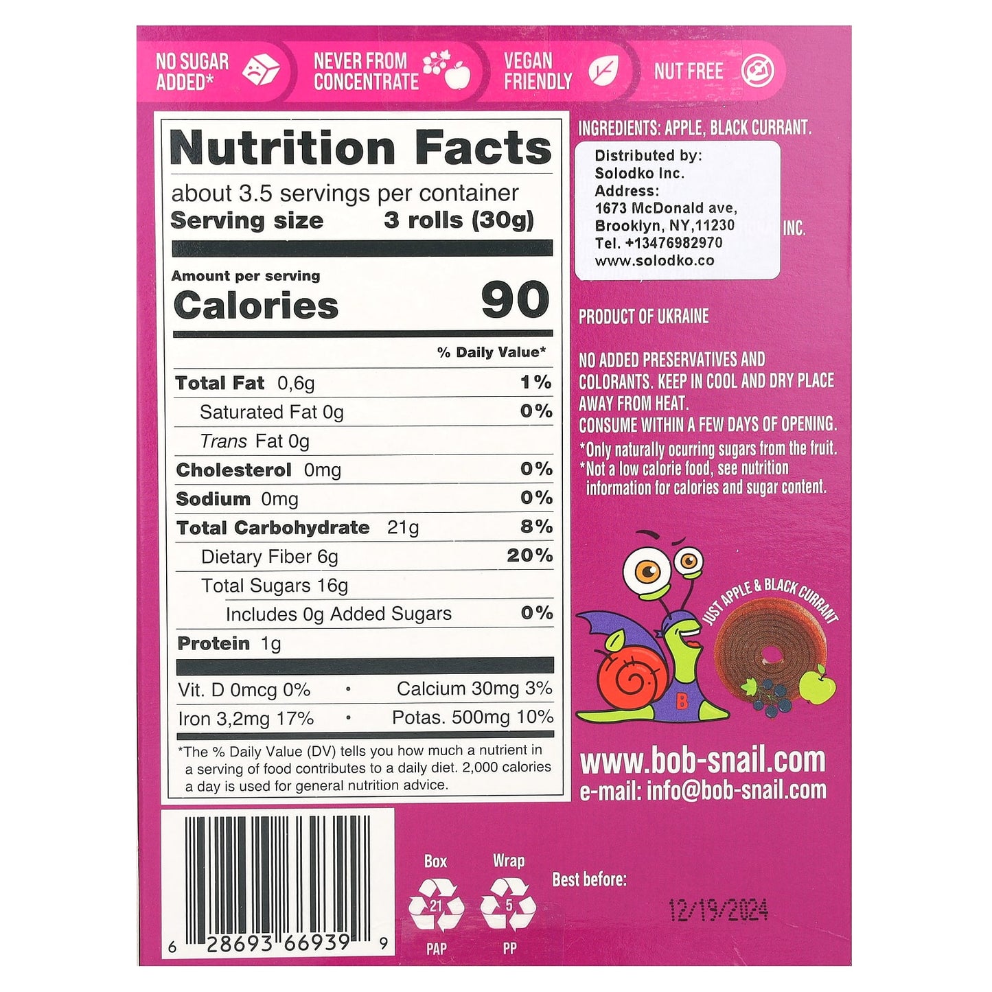 Bob Snail, Fruit Rolls, Apple-Black Currant, 10 Rolls, 0.35 oz (10 g) Each