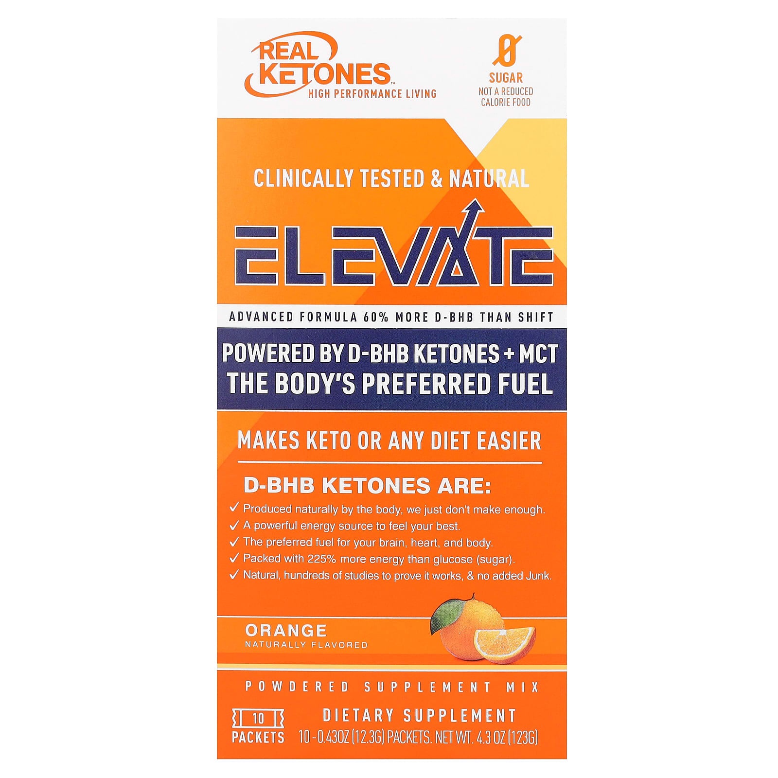 Real Ketones-Elevate-Orange-10 Packets-0.43 oz (12.3 g) Each