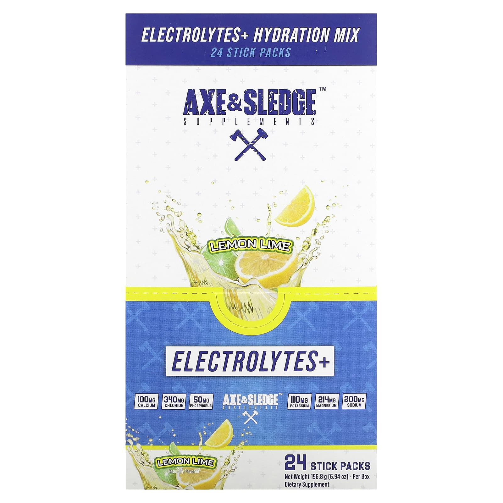 Axe & Sledge Supplements-Electrolytes+-Lemon Lime-24 Stick Packs-0.29 oz (8.2 g) Each