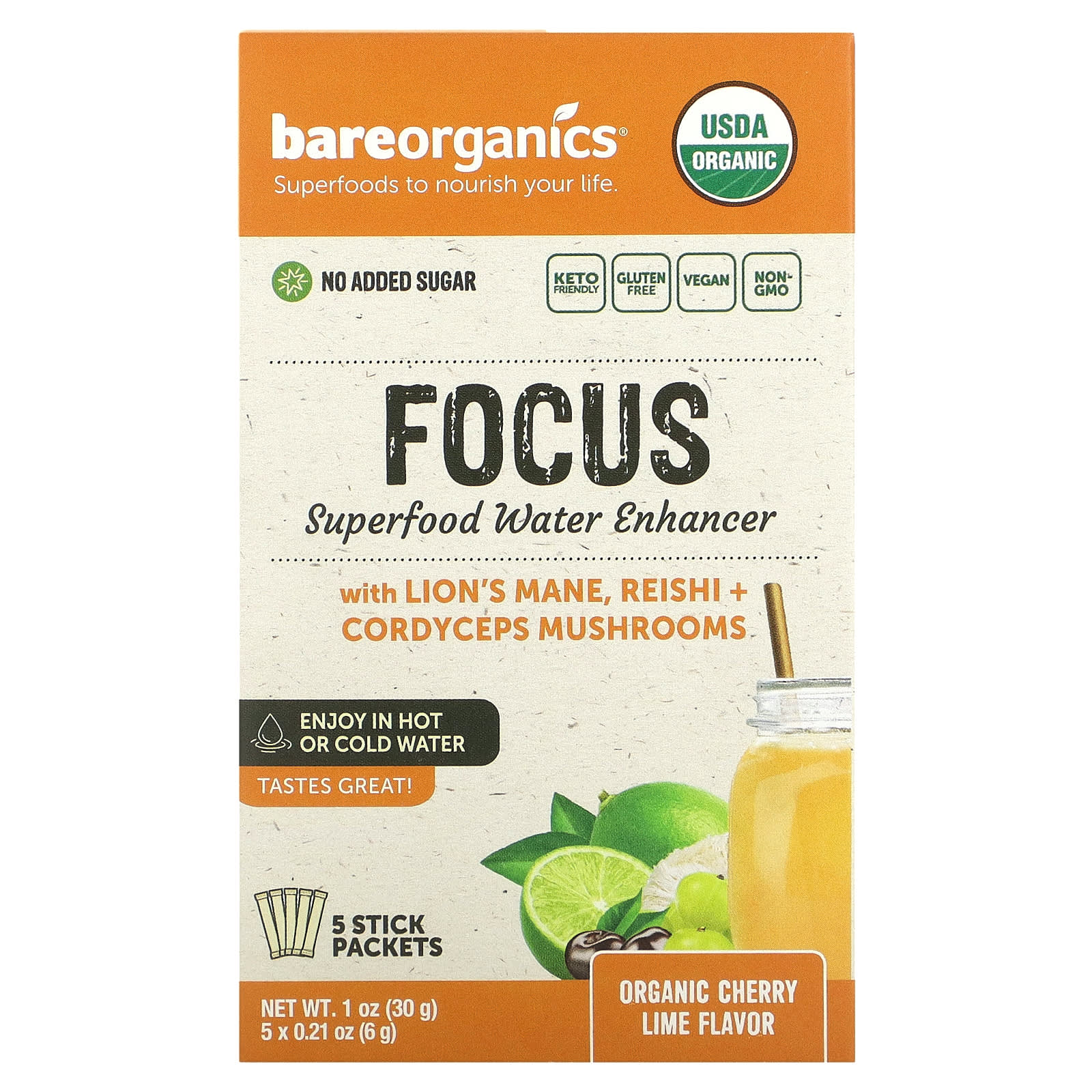 BareOrganics-Focus-Superfood Water Enhancer-Organic Cherry Lime-5 Stick Packets-0.21 oz (6 g) Each