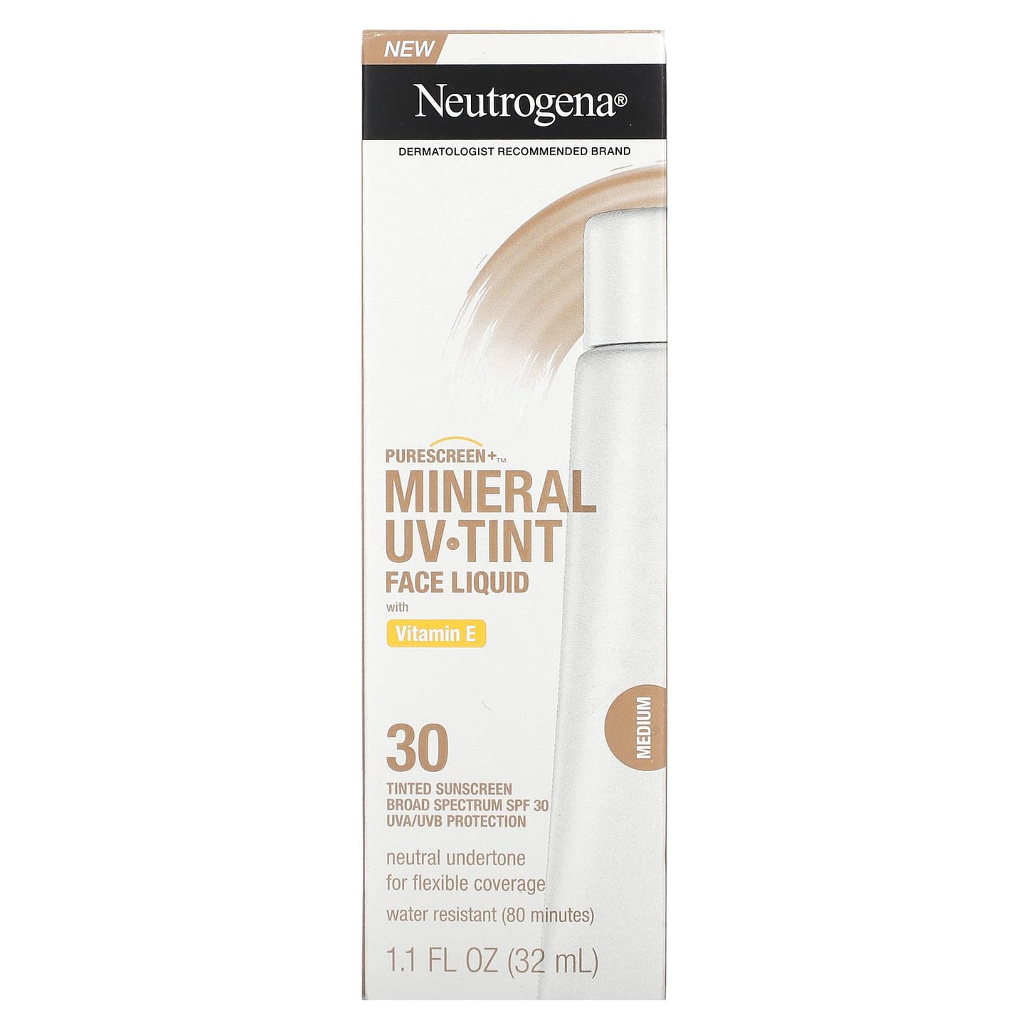 Neutrogena, Purescreen+ Mineral UV Tint Face Liquid with Vitamin E, Medium, SPF 30, 1.1 fl oz (32 ml)