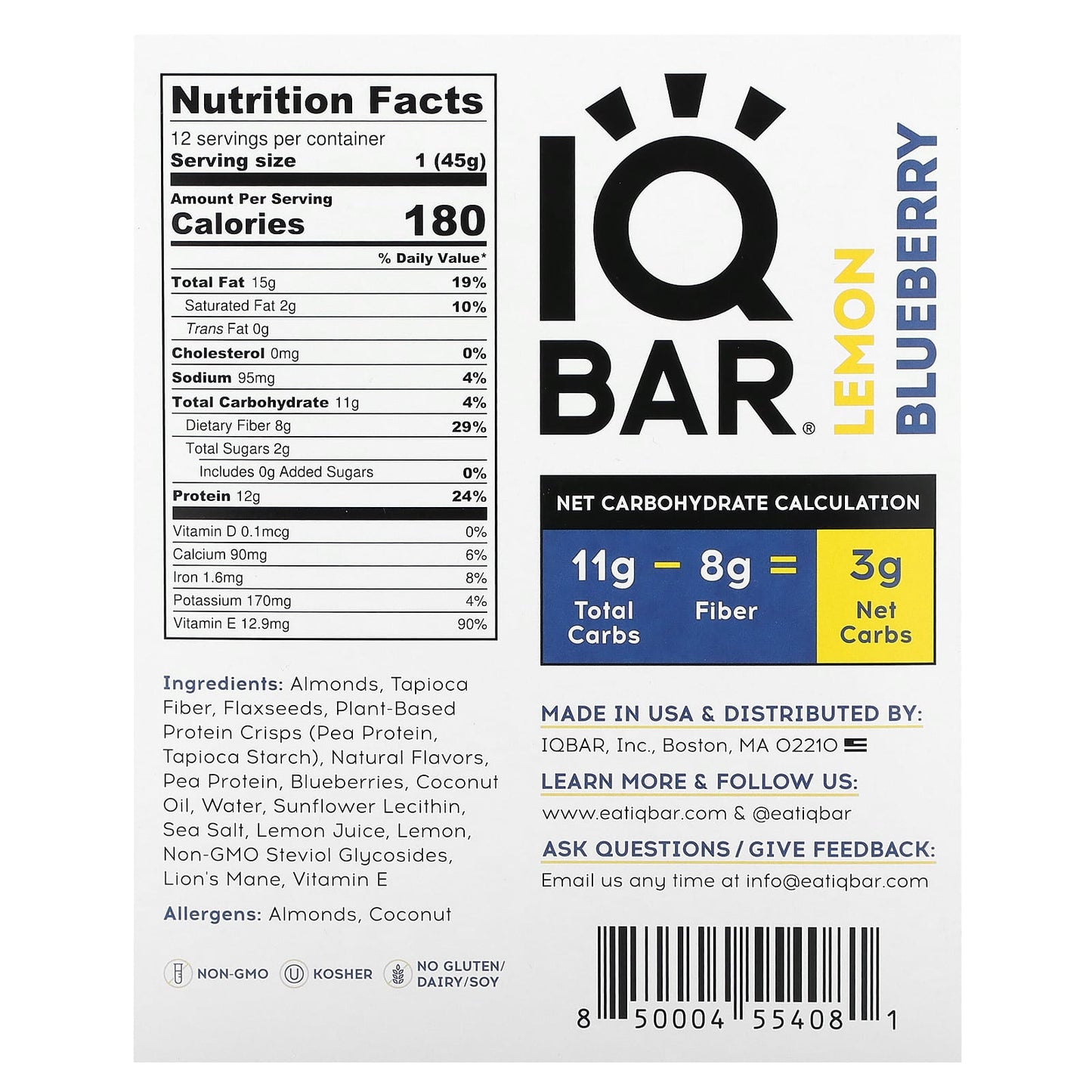 IQBAR, Plant Protein Bar, Lemon Blueberry, 12 Bars, 1.6 oz (45 g) Each