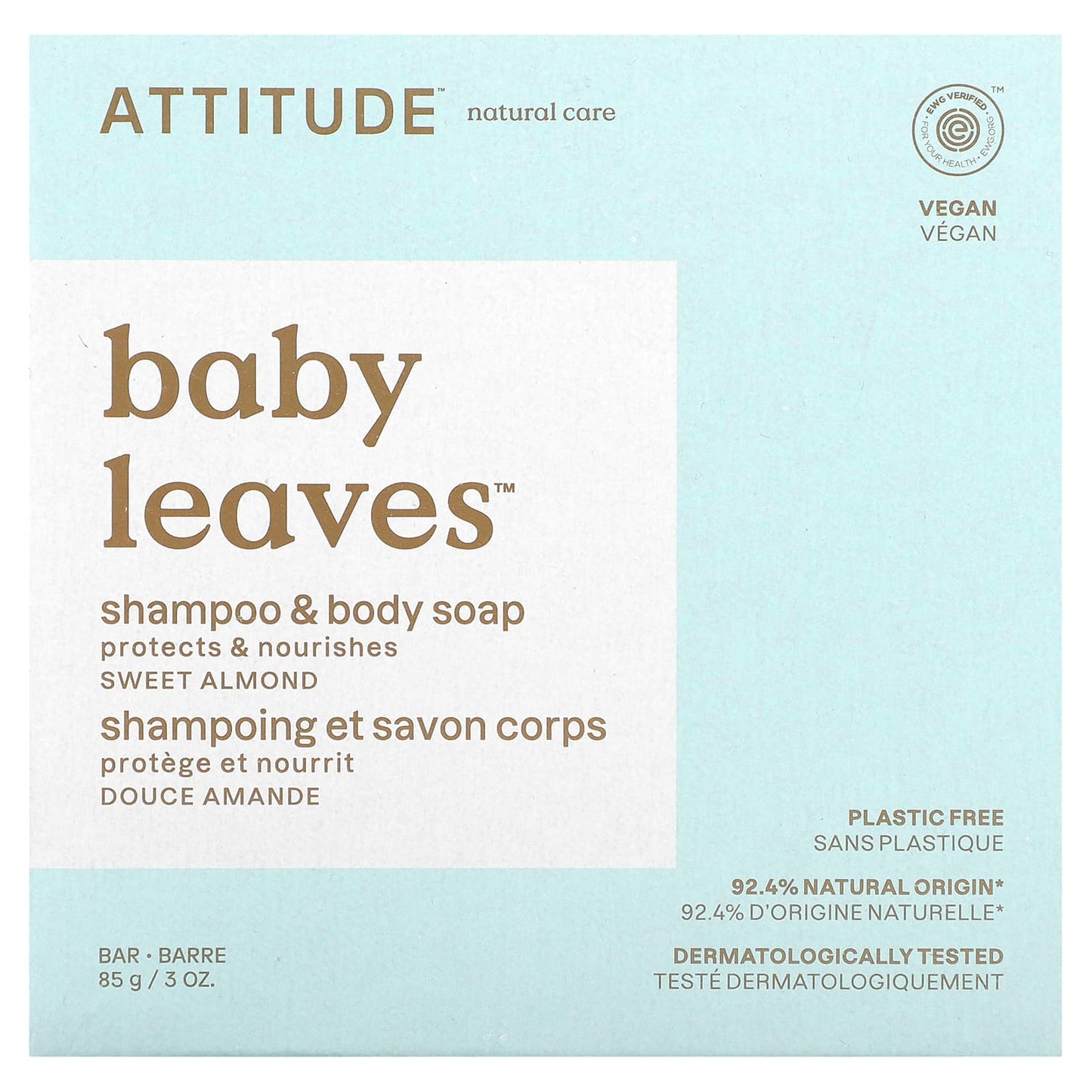 ATTITUDE-Baby Leaves-Shampoo & Body Bar Soap-Sweet Almond-3 oz (85 g)