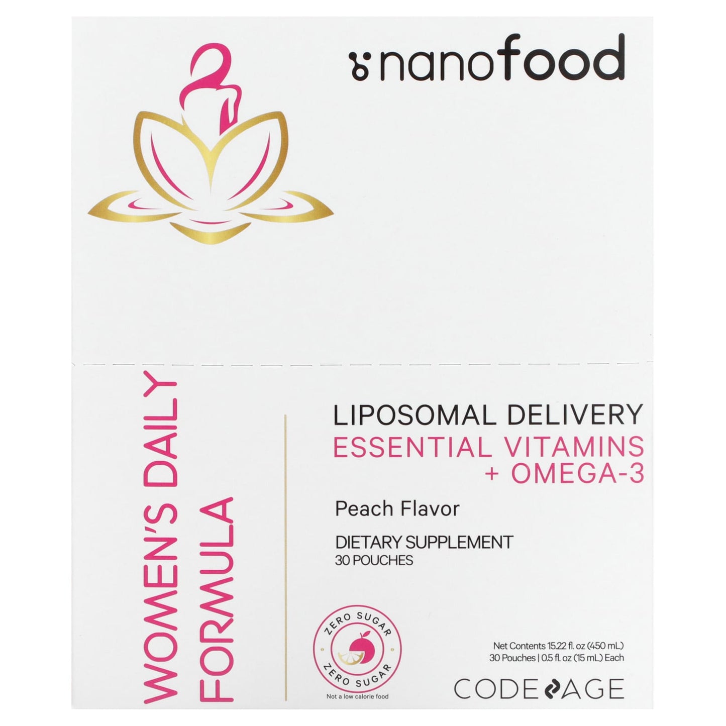 Codeage-Nanofood-Women's Daily Formula-Liposomal Delivery-Essential Vitamins + Omega-3-Peach-30 Pouches-0.5 fl oz (15 ml) Each