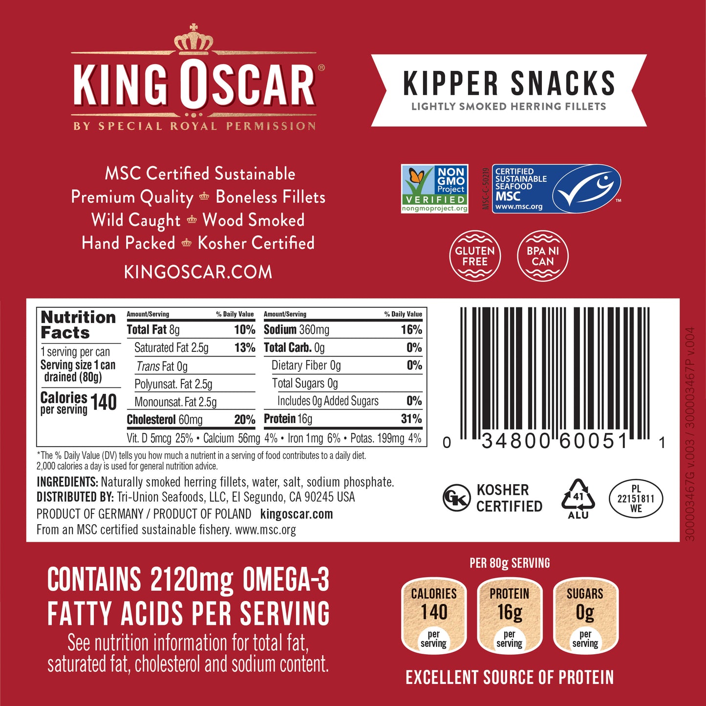 King Oscar, Kipper Snacks, Lightly Smoked Herring Fillets, 3.54 oz (100 g)