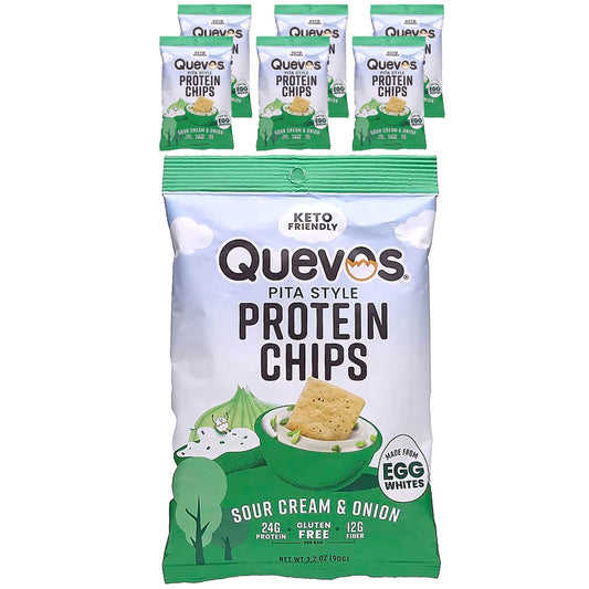 Quevos-Pita Style Protein Chips-Sour Cream & Onion-6 Family Pack Bags-3.2 oz (90 g) Each