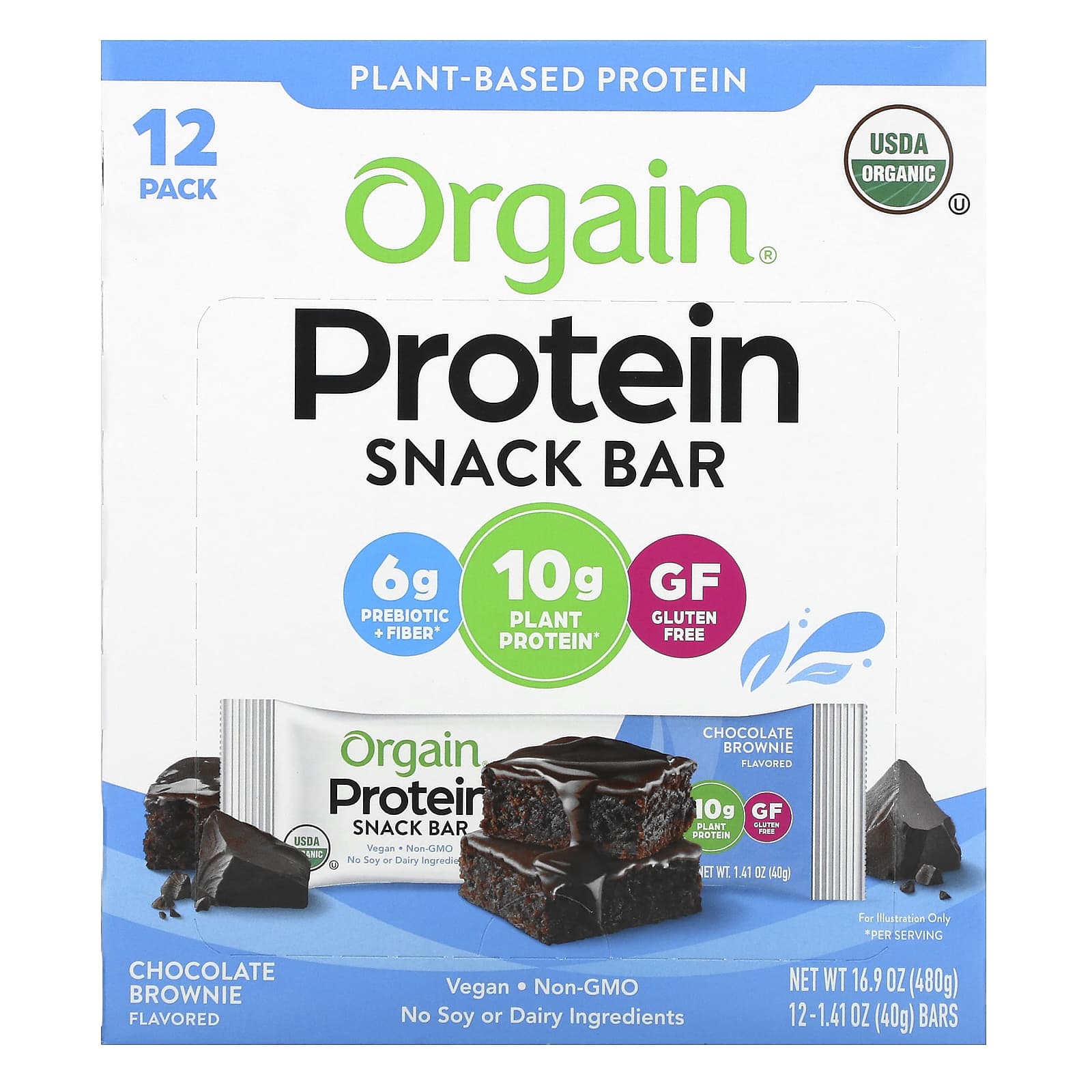 Orgain-Protein Snack Bar-Chocolate Brownie-12 Bars-1.41 oz (40 g) Each