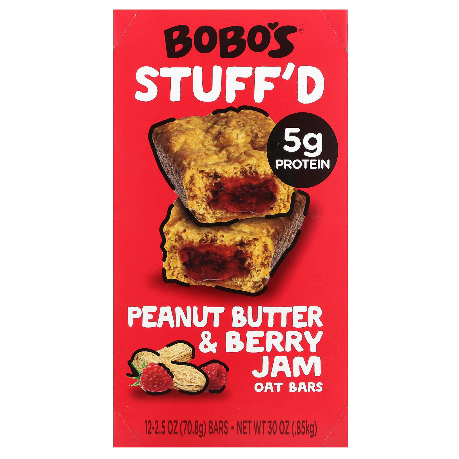 Bobo's Oat Bars-Stuff'd Oat Bars-Peanut Butter & Berry Jam-12 Bars-2.5 oz (70.8 g) Each