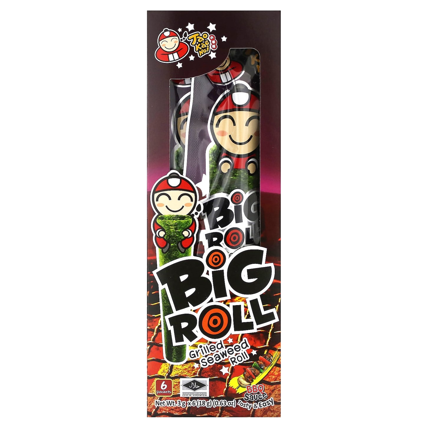 Tao Kae Noi-Big Roll-Grilled Seaweed Roll-BBQ Sauce-6 Packets-0.11 oz (3 g) Each