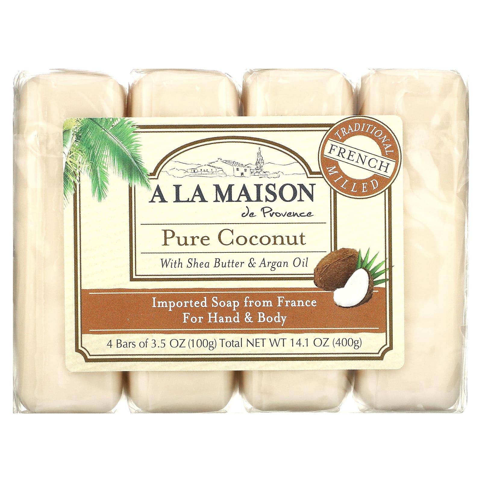 A La Maison de Provence-Hand & Body Bar Soap-Pure Coconut-4 Bars-3.5 oz (100 g) Each