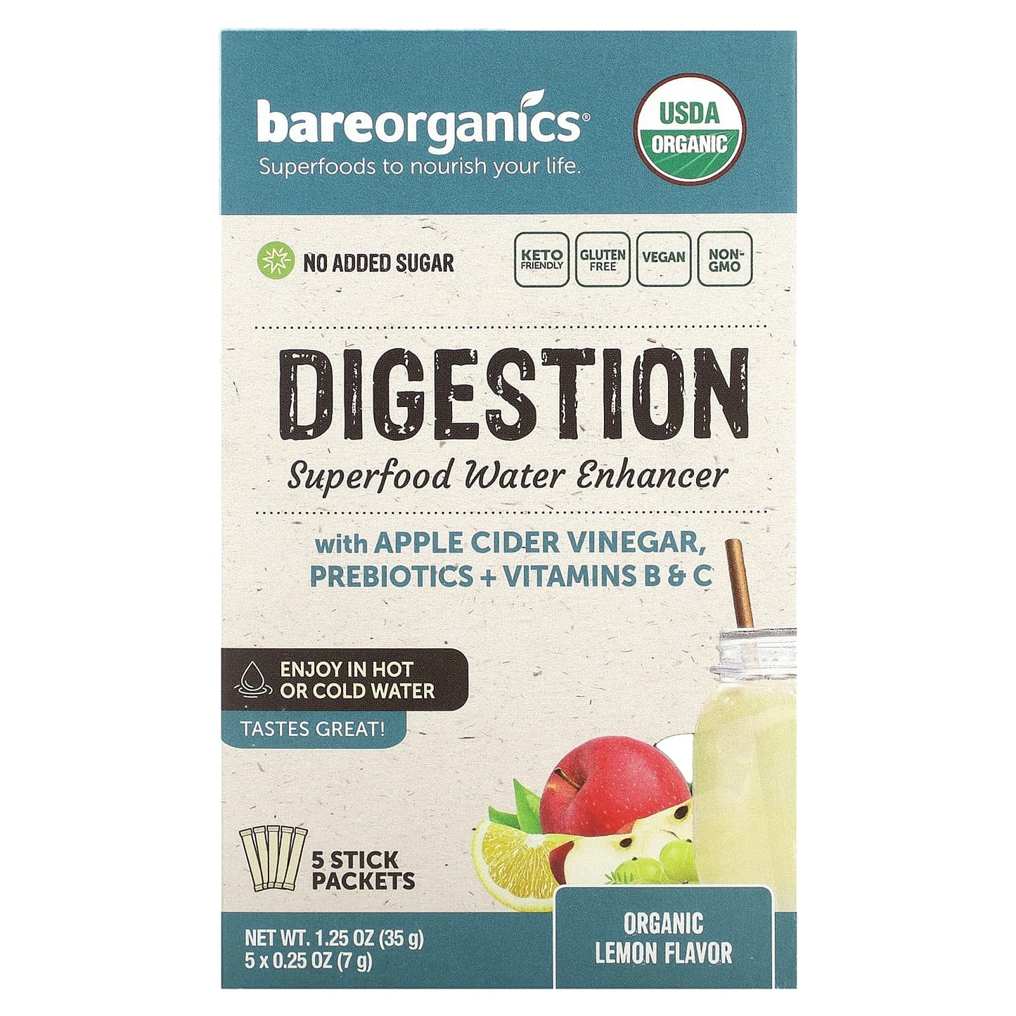 BareOrganics-Digestion-Superfood Water Enhancer-Organic Lemon-5 Stick Packets-0.25 oz (7 g) Each