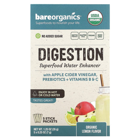 BareOrganics-Digestion-Superfood Water Enhancer-Organic Lemon-5 Stick Packets-0.25 oz (7 g) Each