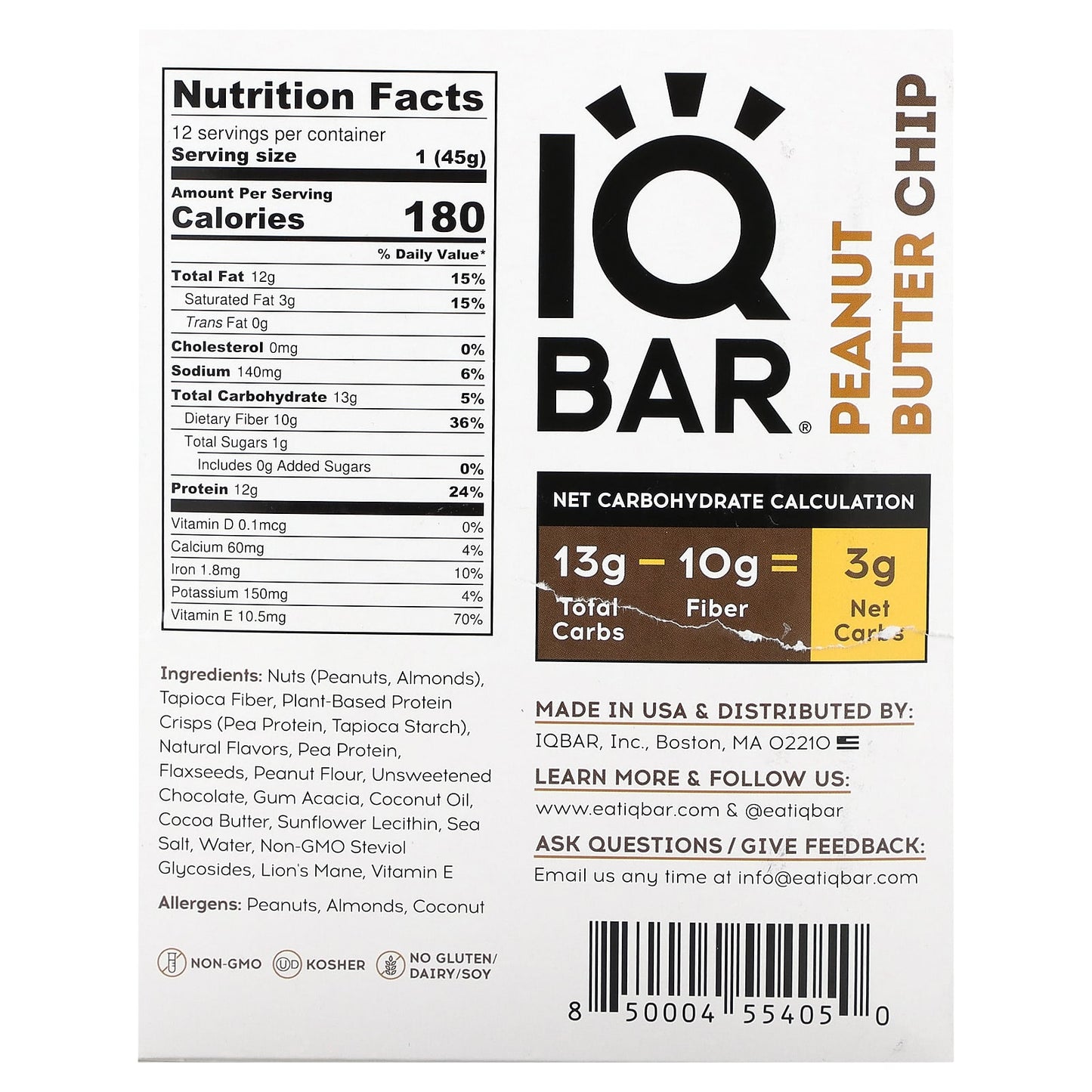 IQBAR, Peanut Butter Chip, 12 Bars, 1.6 oz (45 g) Each