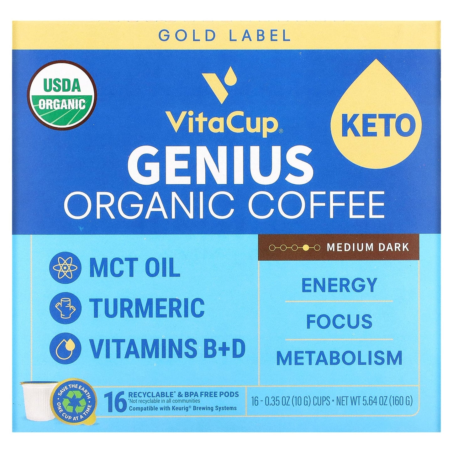 VitaCup-Organic Genius Coffee-Medium Dark-16 Cups-0.35 oz (10 g) Each