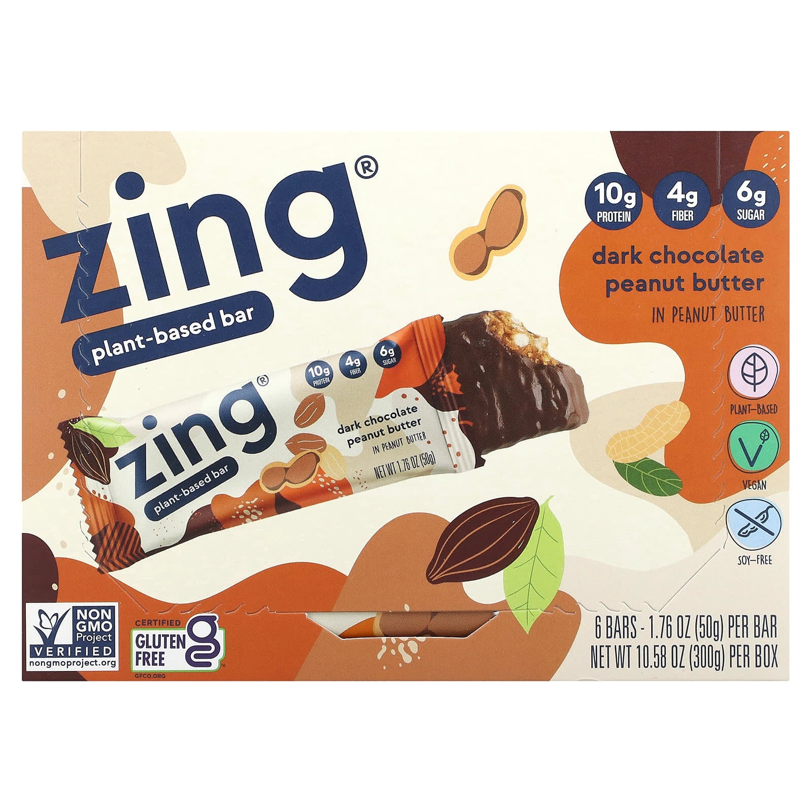 Zing Bars-Plant-Based Bar-Dark Chocolate Peanut Butter in Peanut Butter-6 Bars-1.74 oz (50 g) Each