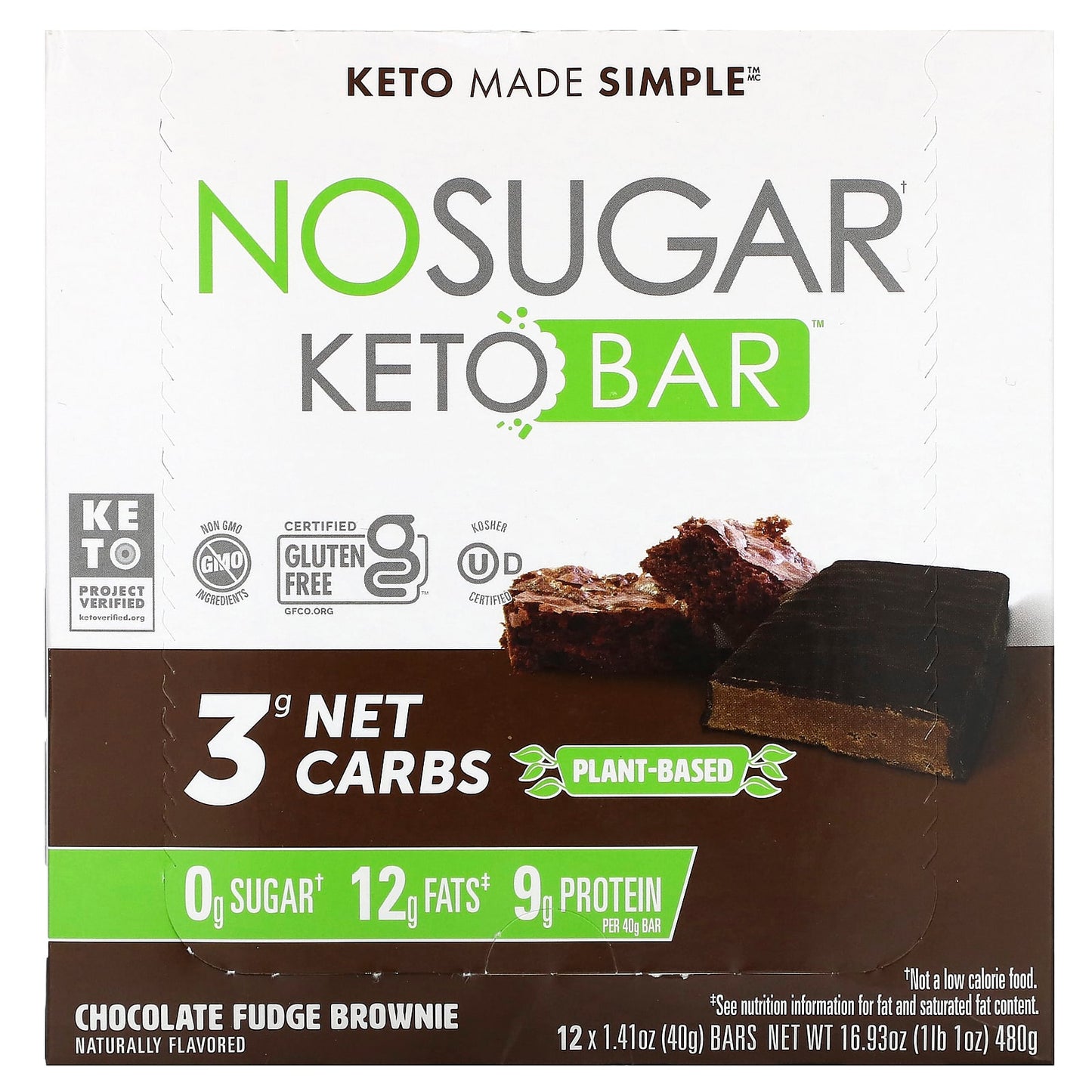 No Sugar Company-Keto Bar-Chocolate Fudge Brownie-12 Bars-1.41 oz (40 g) Each