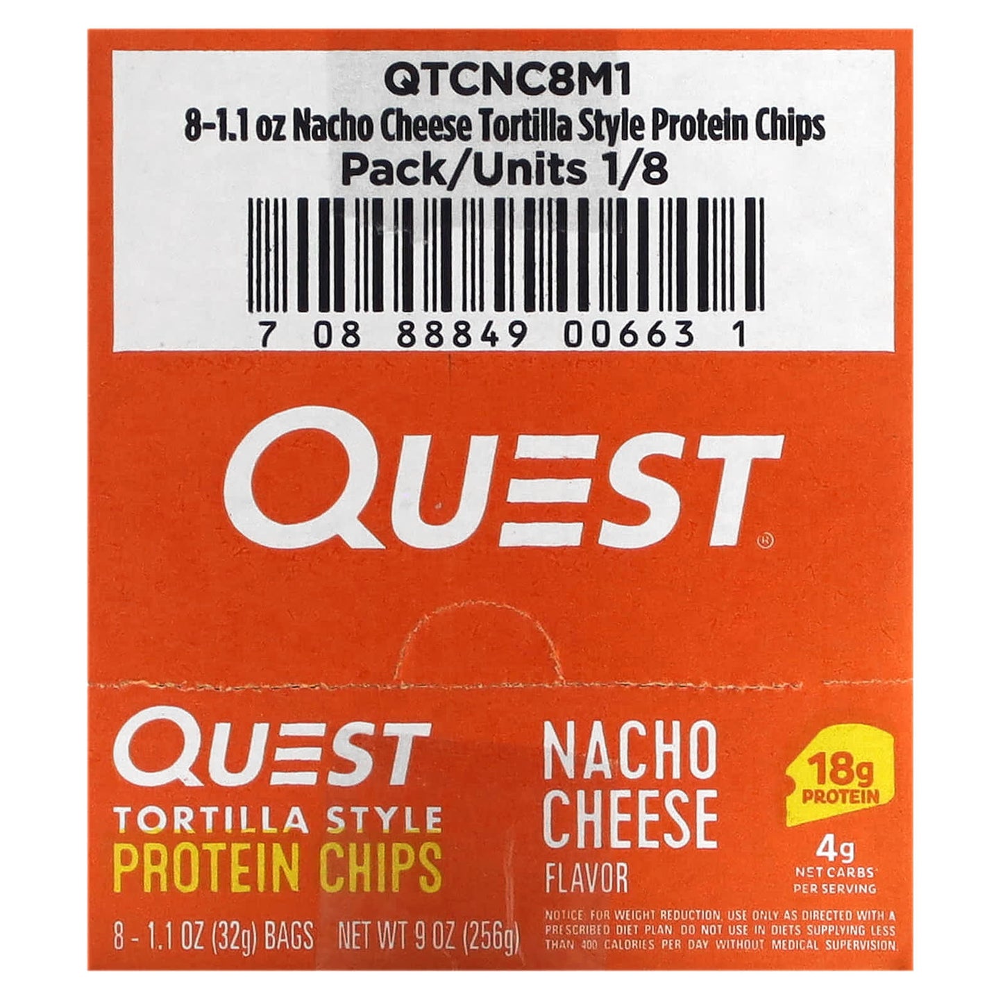 Quest Nutrition, Tortilla Style Protein Chips, Nacho Cheese, 8 Bags, 1.1 oz (32 g ) Each