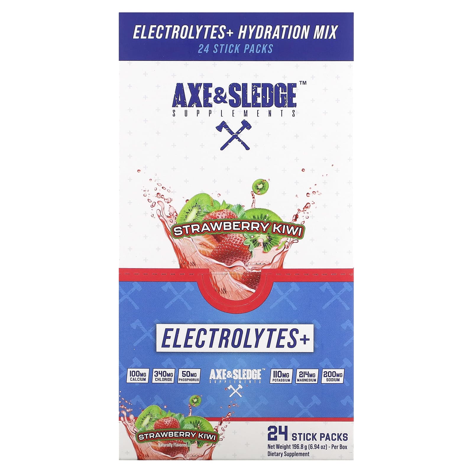 Axe & Sledge Supplements-Electrolytes+-Strawberry Kiwi-24 Stick Packs-0.29 oz (8.2 g) Each