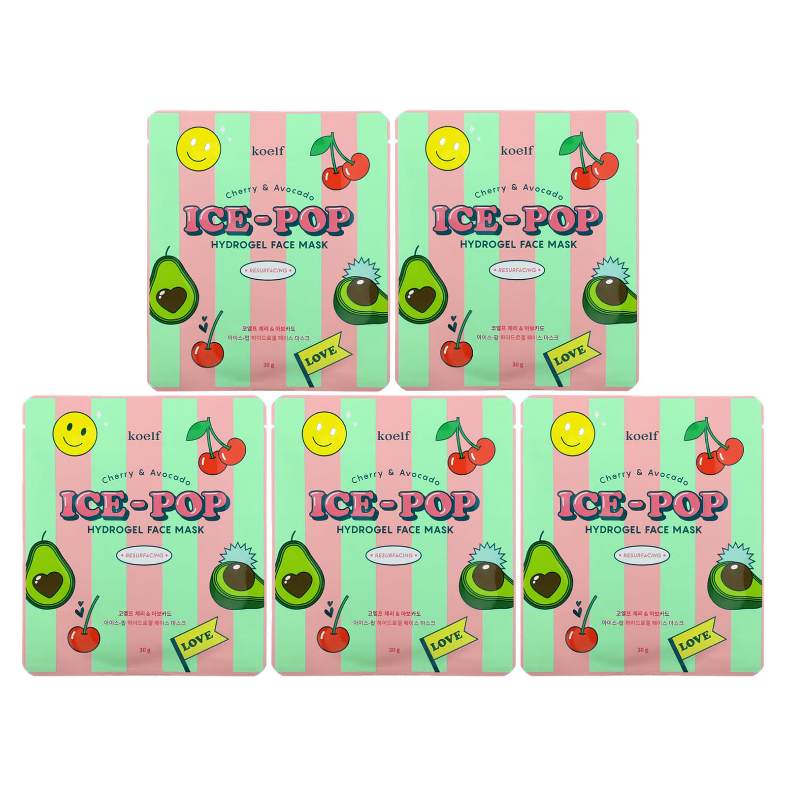 Koelf-Ice-Pop Hydrogel Beauty Face Mask-Cherry & Avocado-5 Sheets-30 g Each