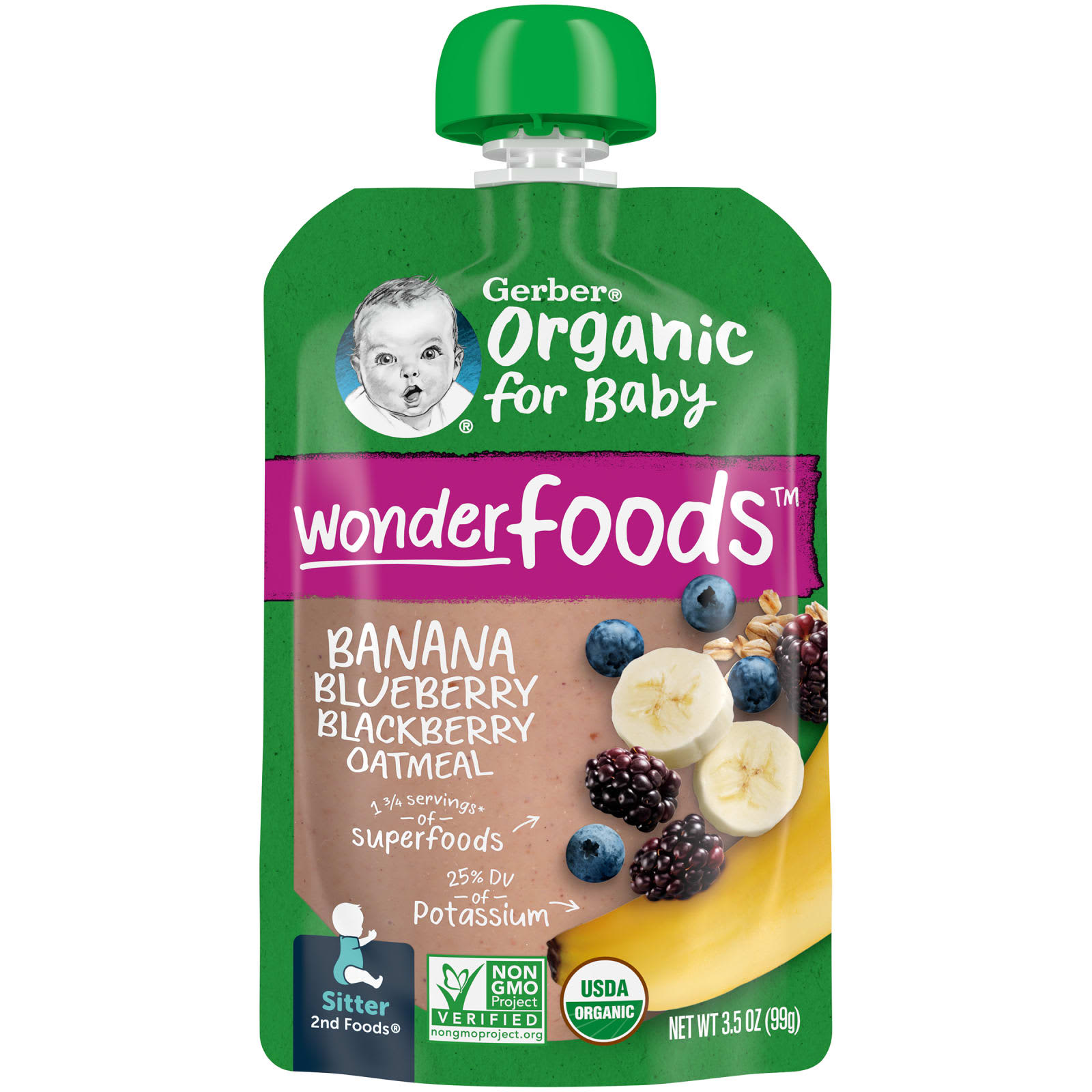 Gerber-Organic for Baby-Wonder Foods-2nd Foods-Banana-Blueberry & Blackberry Oatmeal-3.5 oz (99 g)