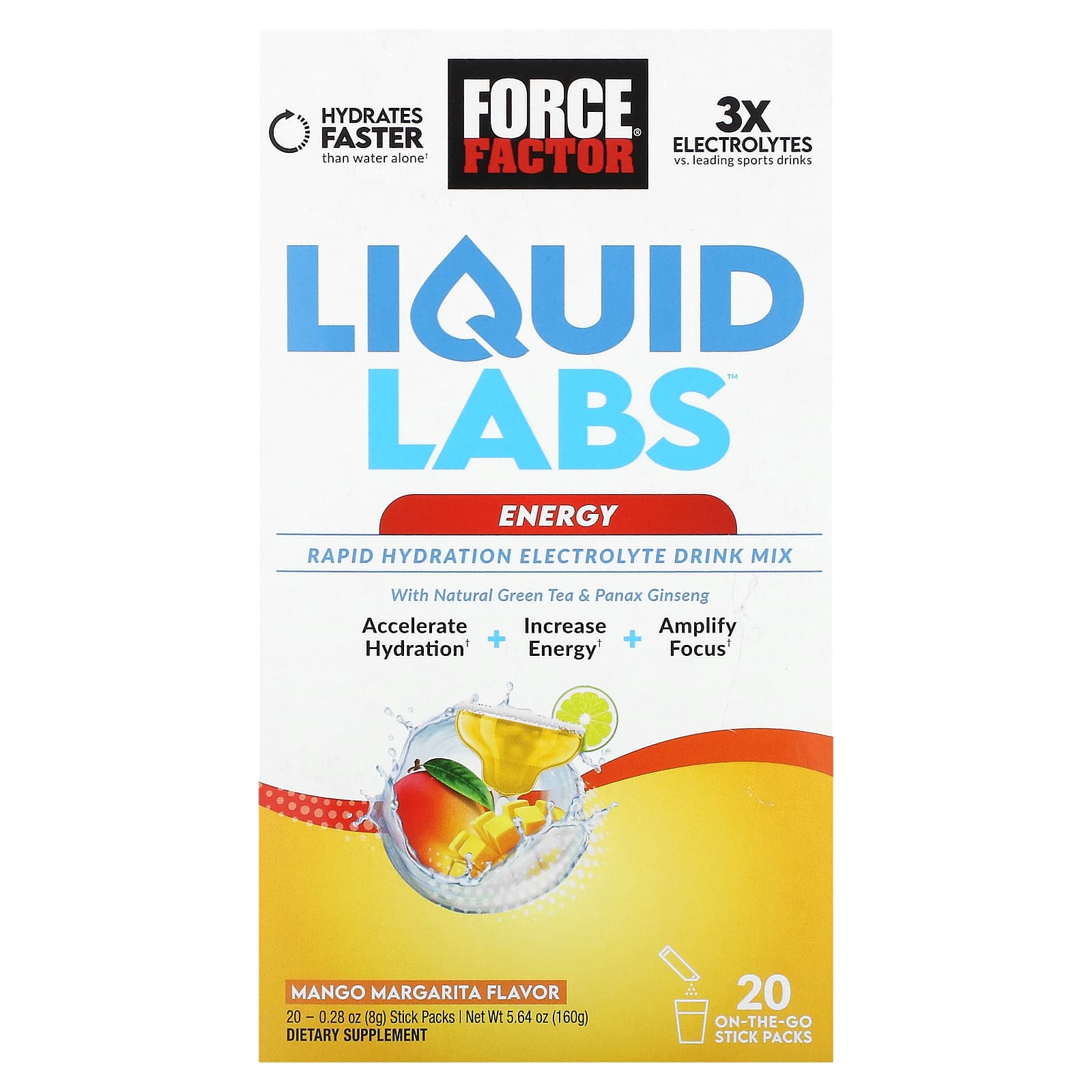 Force Factor-Liquid Labs Energy-Rapid Hydration Electrolyte Drink Mix-Mango Margarita-20 Stick Packs-0.28 oz (8 g) Each