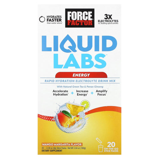 Force Factor-Liquid Labs Energy-Rapid Hydration Electrolyte Drink Mix-Mango Margarita-20 Stick Packs-0.28 oz (8 g) Each