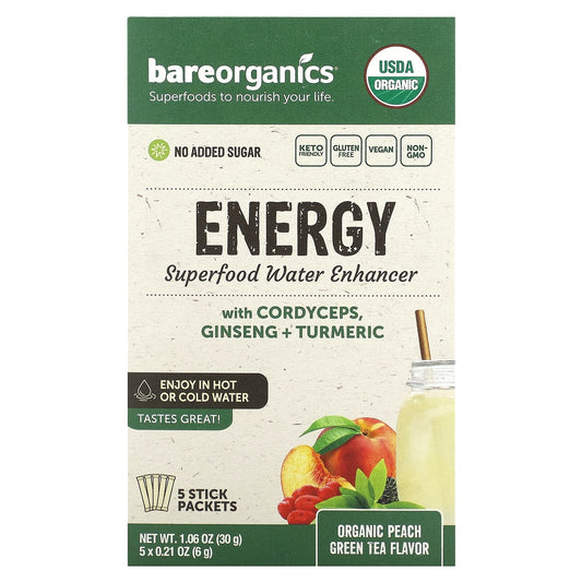 BareOrganics-Energy-Superfood Water Enhancer-Organic Peach Green Tea-5 Stick Packets-0.21 oz (6 g) Each