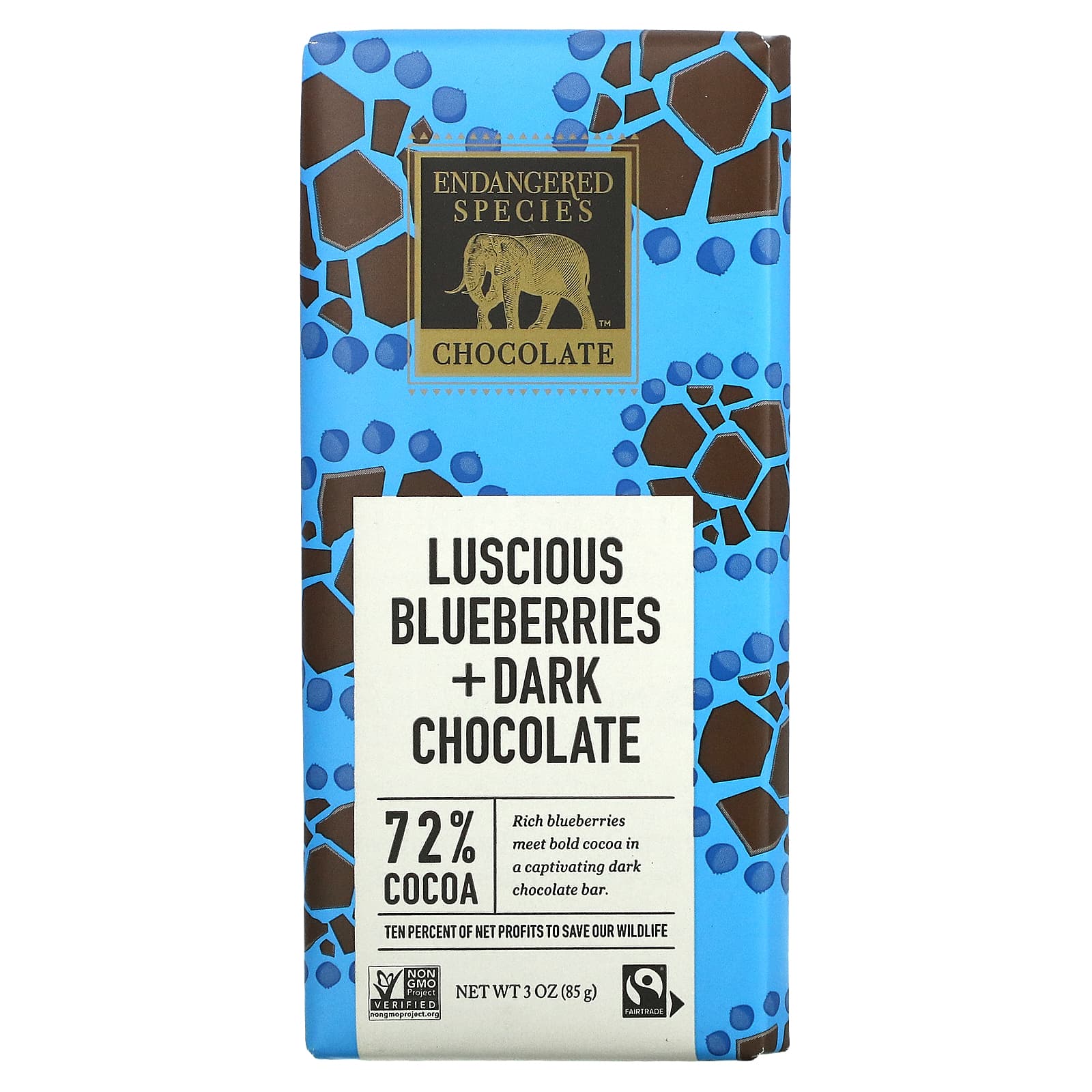 Endangered Species Chocolate-Luscious Blueberries + Dark Chocolate-72% Cocoa-3 oz (85 g)