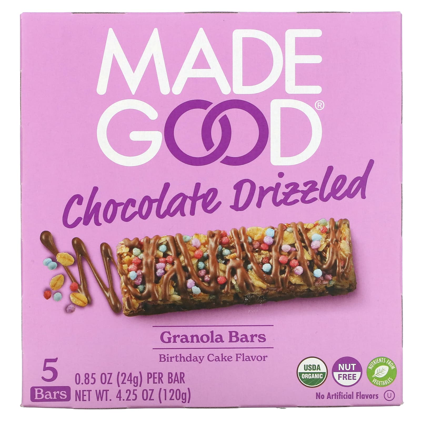 MadeGood-Granola Bars-Chocolate Drizzled-Birthday Cake-5 Bars-0.85 oz (24 g) Each