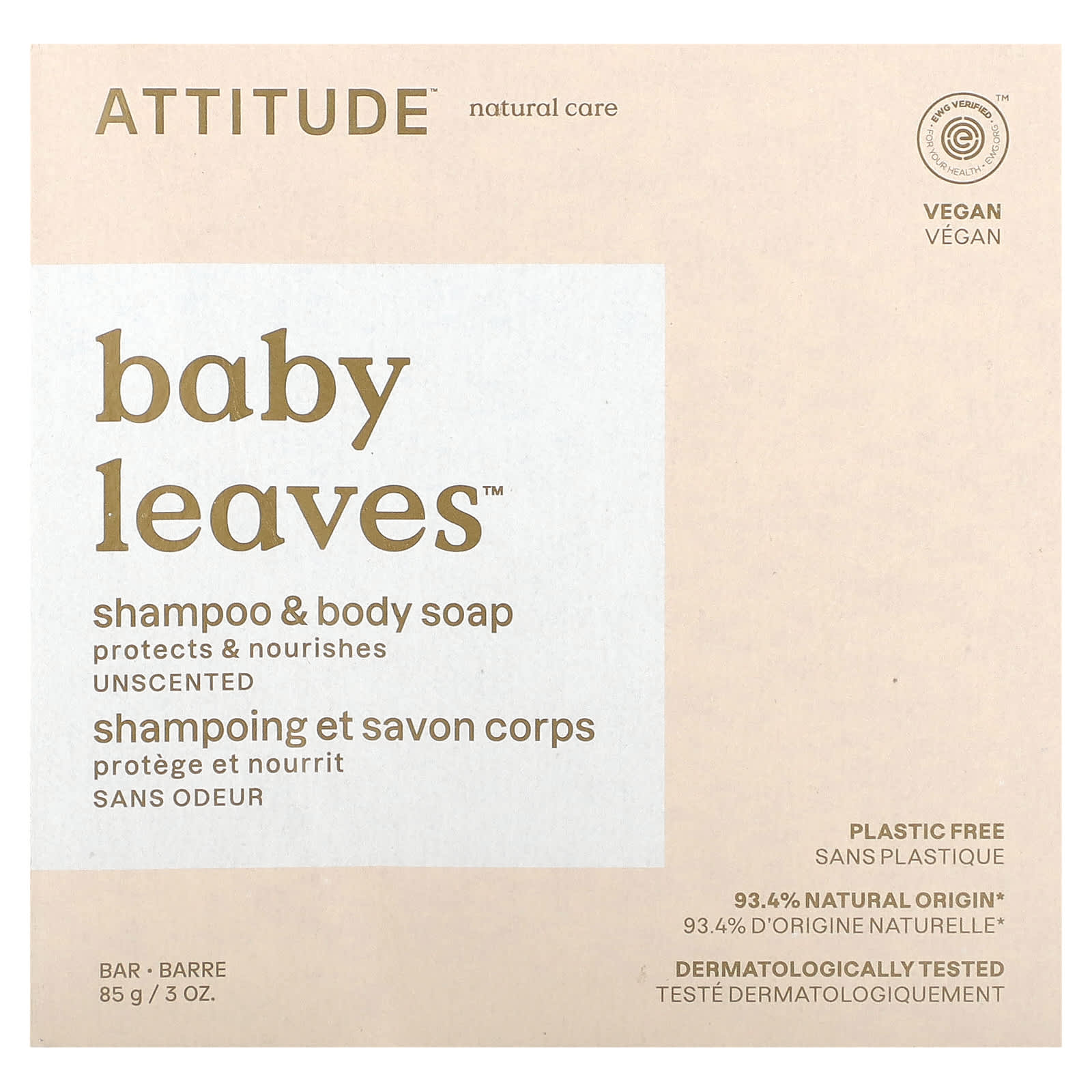 ATTITUDE-Baby Leaves-Shampoo & Body Bar Soap-Unscented-3 oz (85 g)