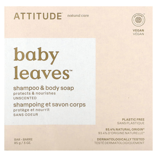 ATTITUDE-Baby Leaves-Shampoo & Body Bar Soap-Unscented-3 oz (85 g)