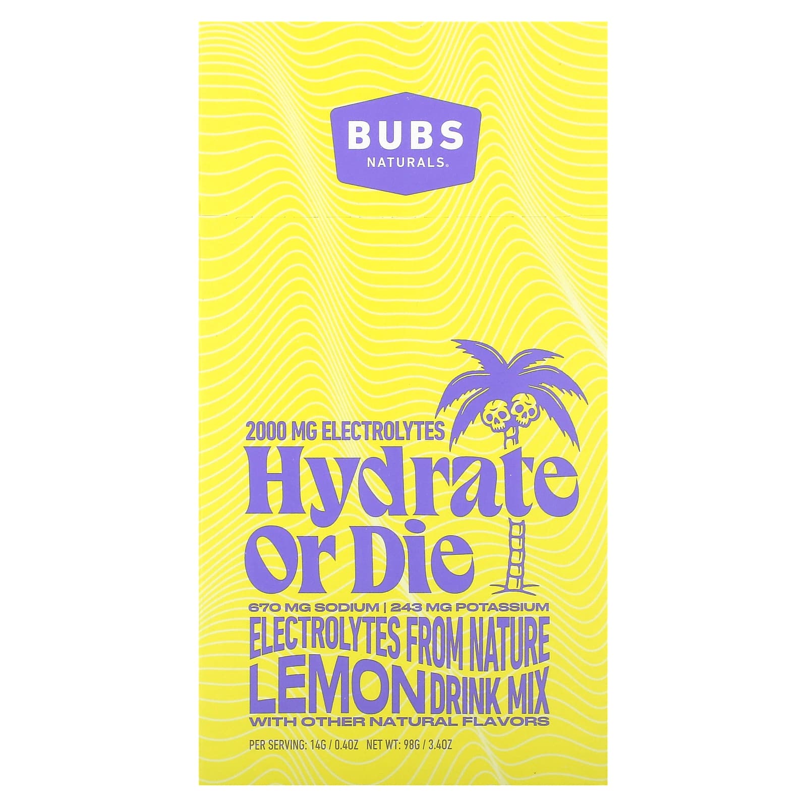 BUBS Naturals-Hydrate or Die-Electrolyte Drink Mix-Lemon-7 Sticks-0.4 oz (14 g) Each