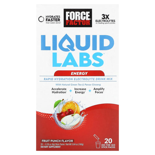 Force Factor-Liquid Labs Energy-Rapid Hydration Electrolyte Drink Mix-Fruit Punch-20 Stick Packs-0.28 oz (8 g) Each