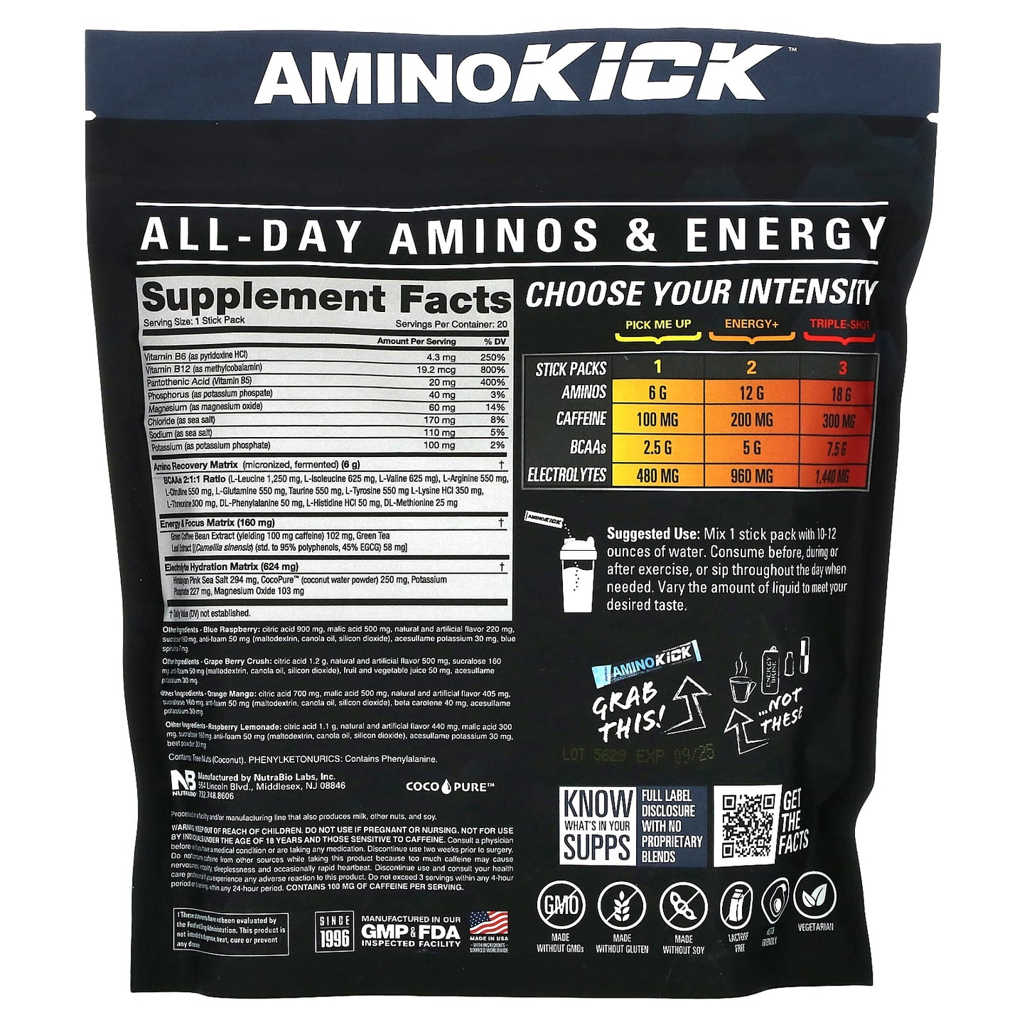 NutraBio, Amino Kick, Variety Pack, 20 Sticks, 0.32 oz (9 g) Each