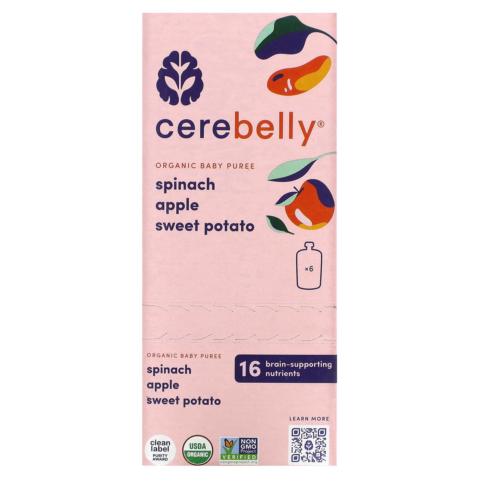 Cerebelly-Organic Baby Puree-Spinach-Apple-Sweet Potato-6 Pouches-4 oz (113 g) Each