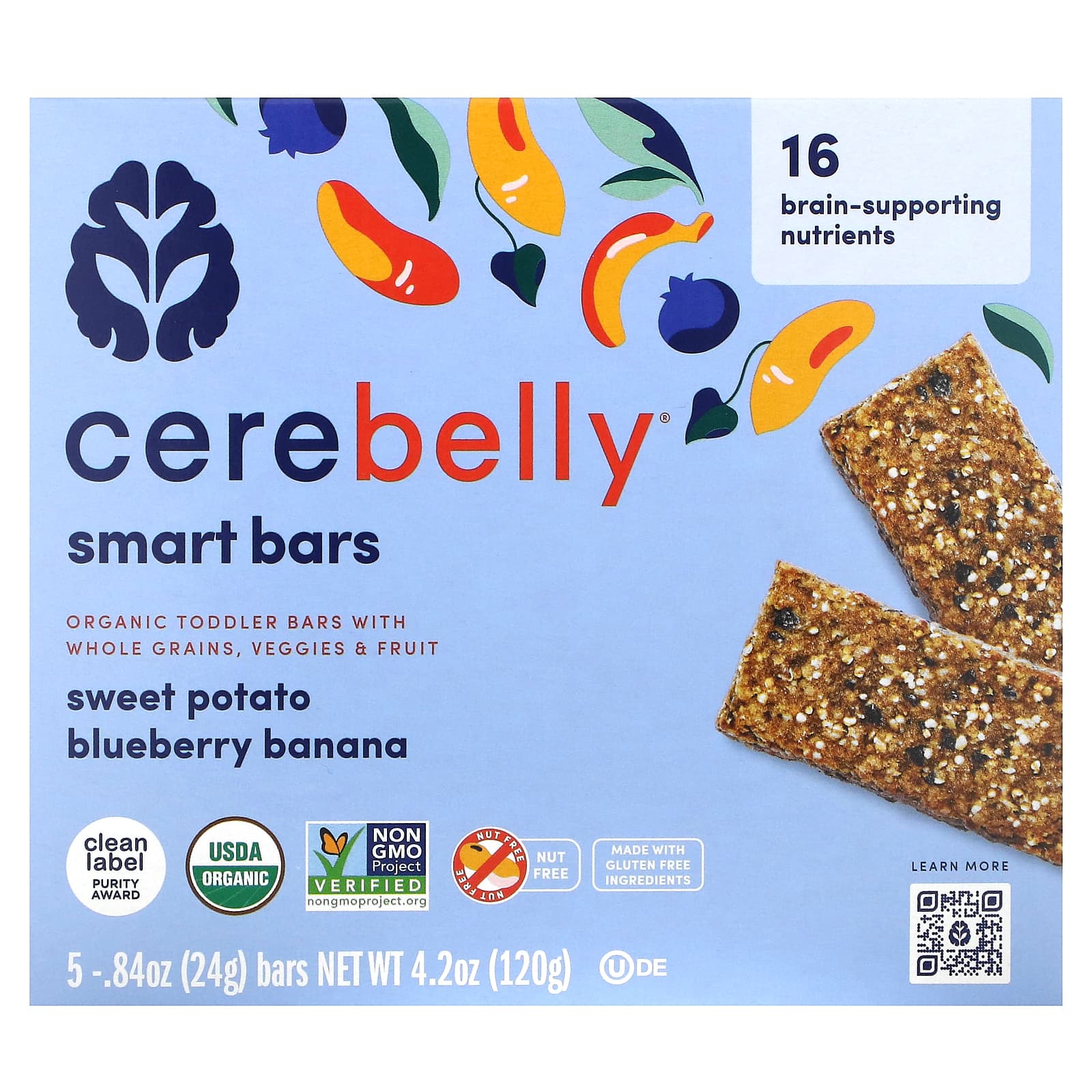 Cerebelly-Smart Bars-Organic Toddler Bars-Sweet Potato Blueberry Banana-5 Bars-0.84 oz (24 g) Each