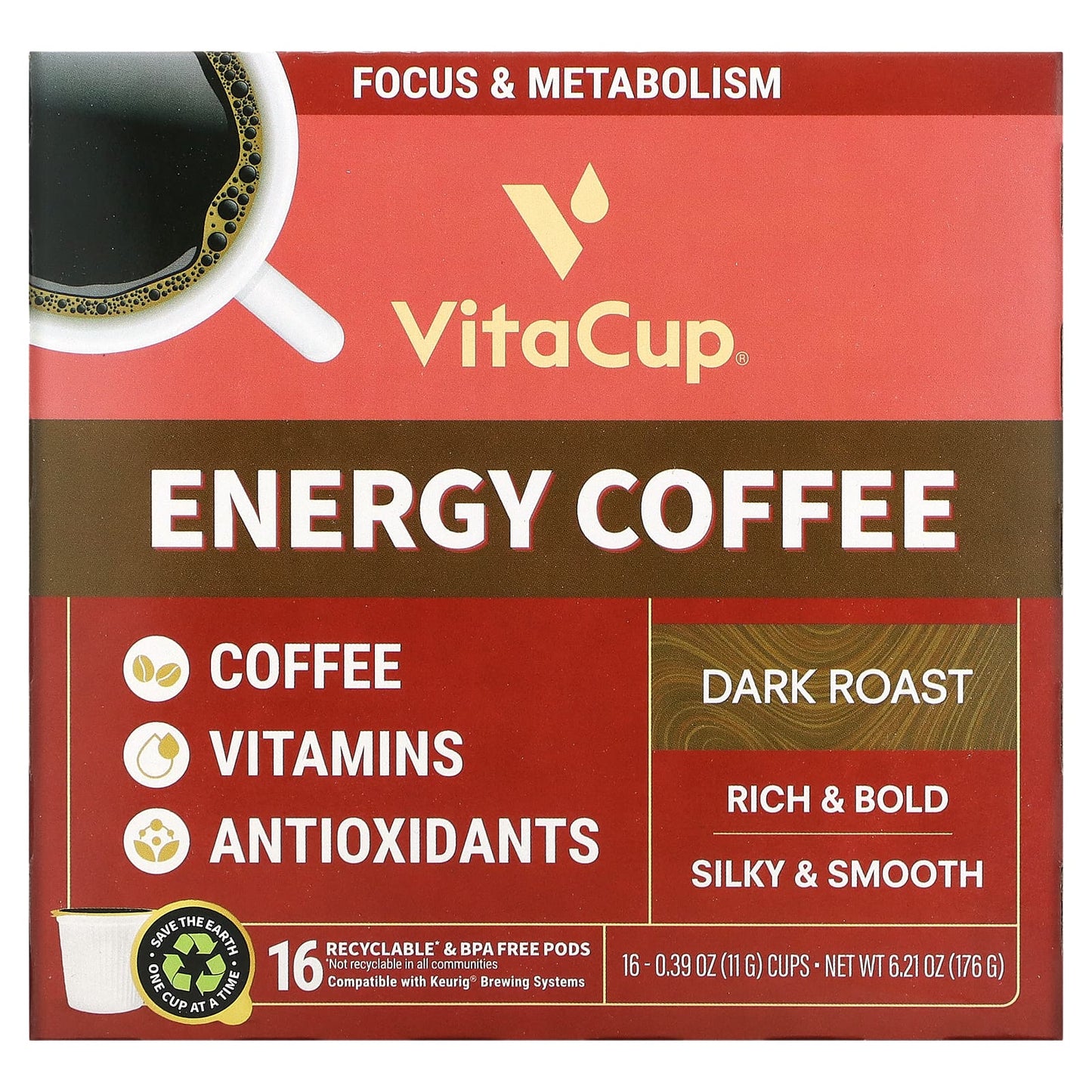 VitaCup-Energy Coffee-Dark Roast-16 Cups-0.39 oz (11 g ) Each