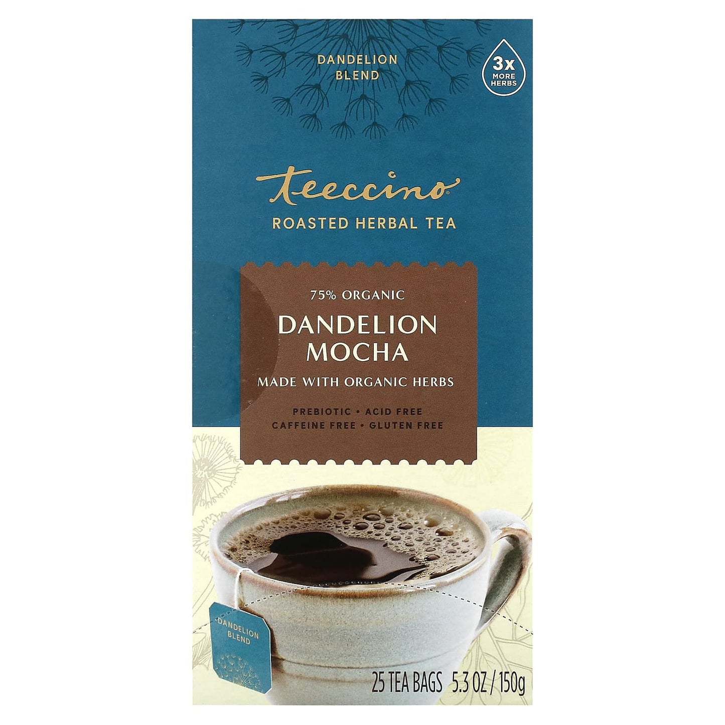 Teeccino-Roasted Herbal Tea-Dandelion Mocha-Caffeine Free-25 Tea Bags-5.3 oz (150 g)