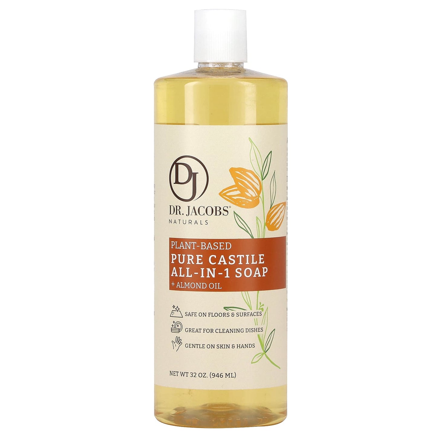 Dr. Jacobs Naturals-Plant-Based Pure Castile All-In-1 Soap-Almond Oil-32 oz (946 ml)