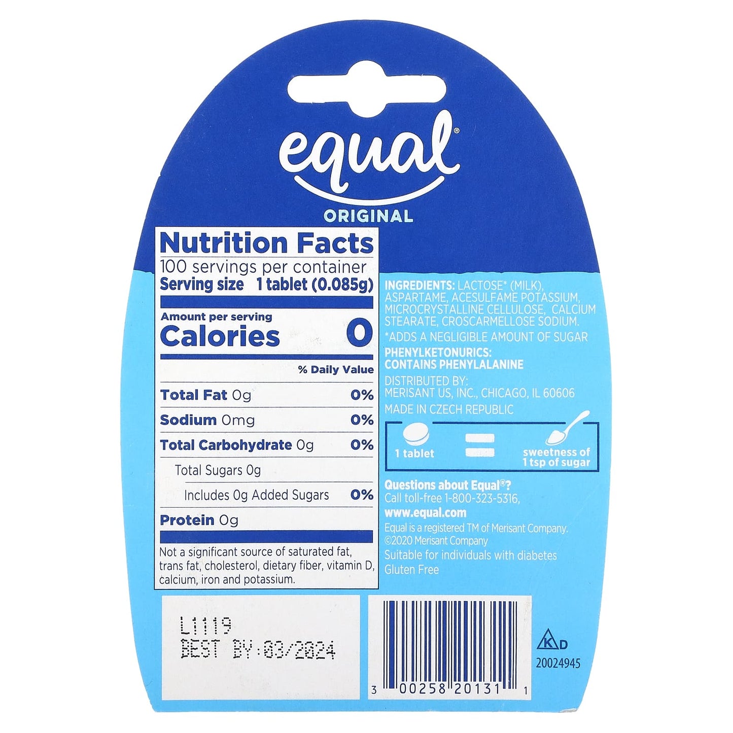 Equal, Zero Calorie Sweetener, Original, 100 Tablets