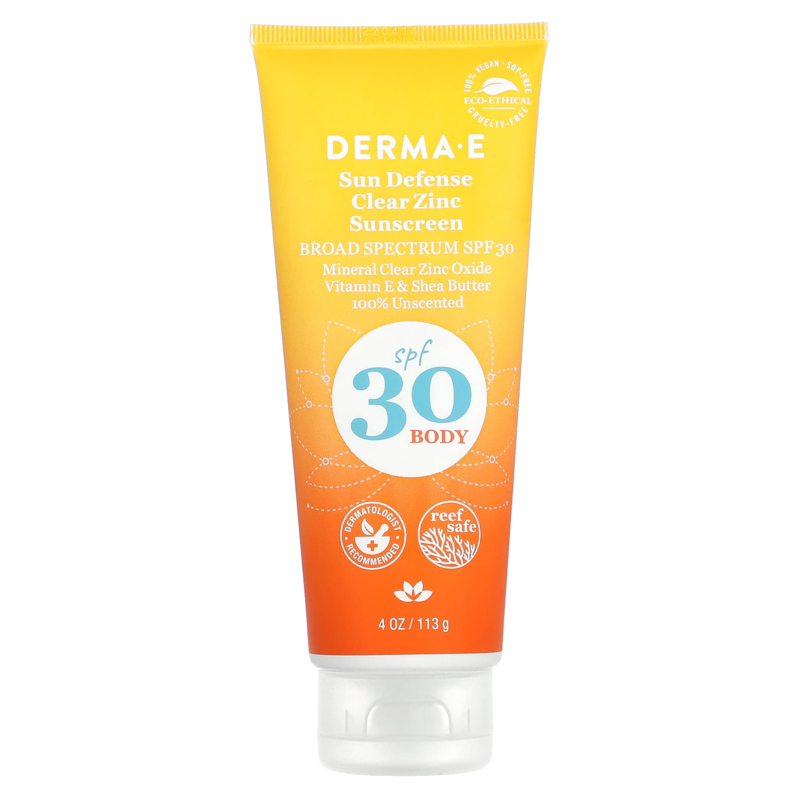 DERMA E-Sun Defense Clear Zinc Sunscreen-Body-SPF 30-Unscented-4 oz (113g)