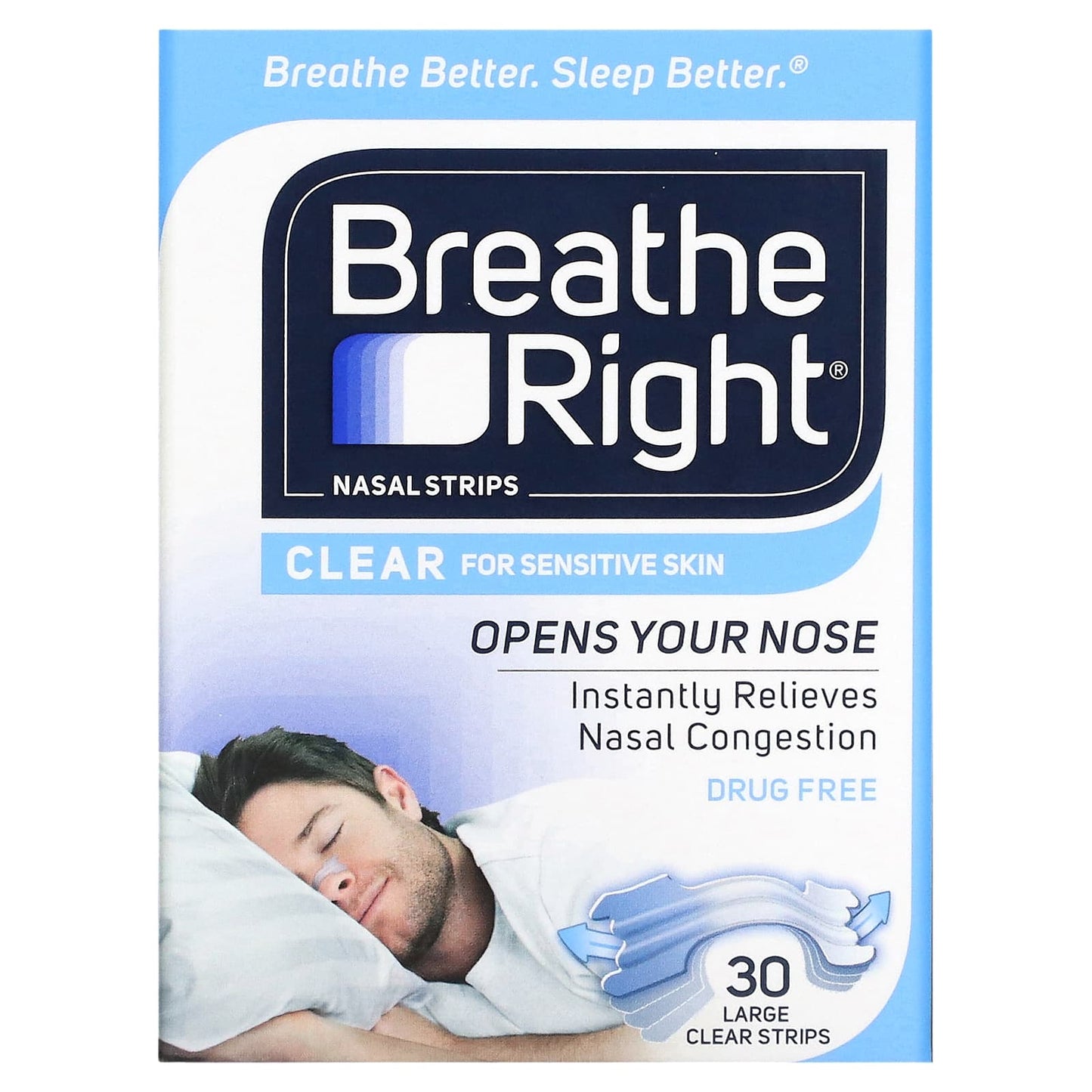 Breathe Right-Nasal Strips-Clear For Sensitive Skin-Large-30 Clear Strips